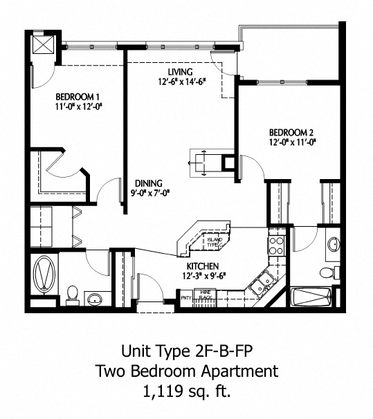 Floor plan for 2 beds, 2 baths, 1119 sqft